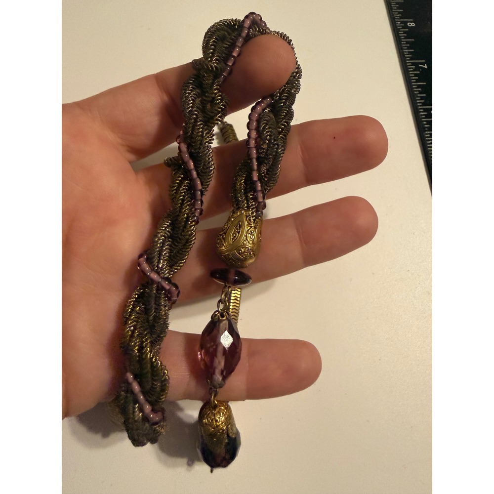 Bronze Mesh Braided Bib Necklace Purple Glass Beads Filigree Screw Clasp 19in